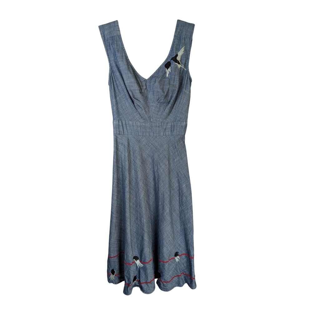 eShakti Dress Womens L 12 Blue Cotton Chambray Bird Embroidered Fit & Flare Midi